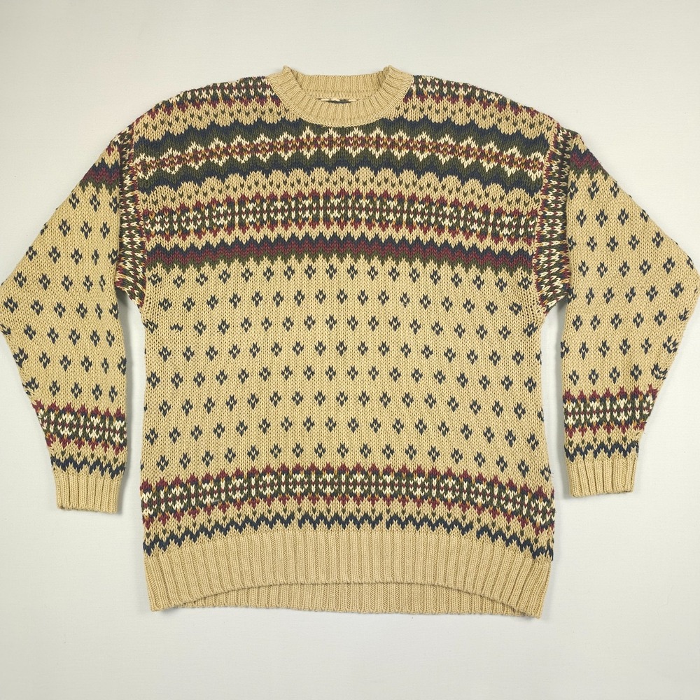 Vintage Abercrombie & Fitch The Big Sweater Men Medium Beige Blue Red Fair Isle